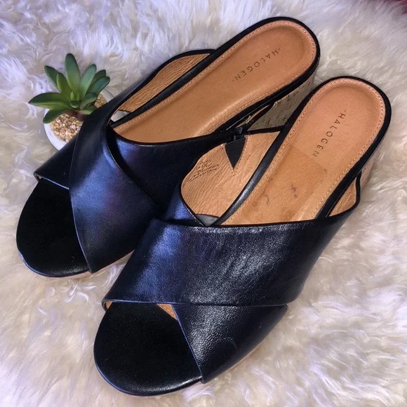 HALOGEN Leather Platform Cork SLIDES 3”heel - Picture 2 of 8